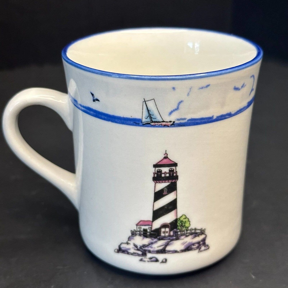 MAINSTAYS, MSY11 Mug/Cup. Lighthouse, Seagull, Sailboat, Blue Trim, Nautical